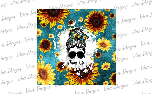 Sunflower Mom Life Tumbler Wrap PNG – 20oz Skinny Design (Teal)