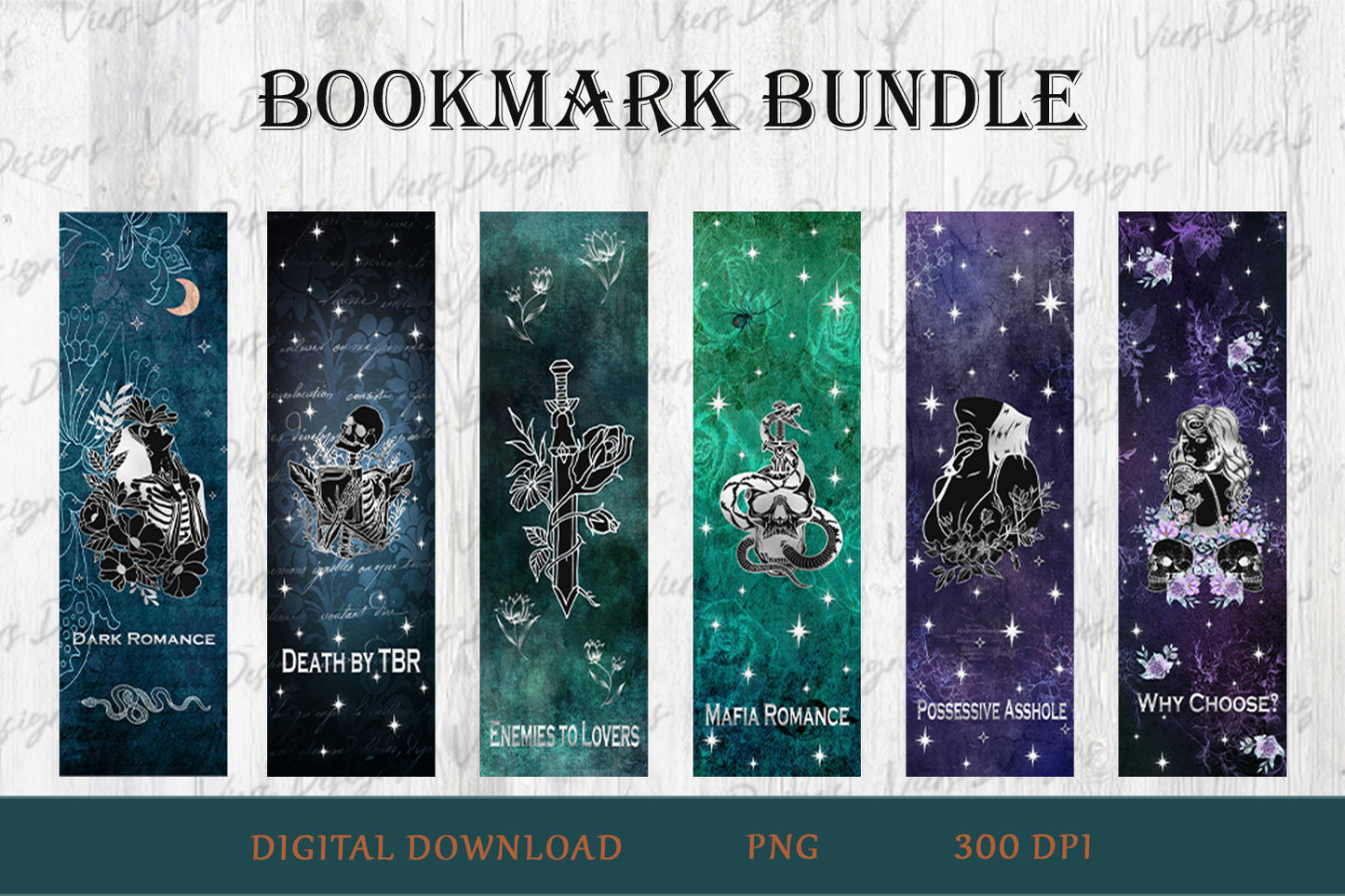 Gothic Dark Romance Bookmark Bundle PNG — 6 Designs