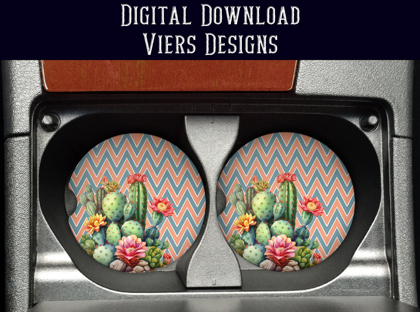 Cactus Car Coaster PNG – Watercolor Succulent Car Coaster Design (Teal & Coral)