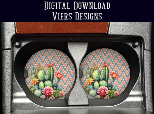 Cactus Car Coaster PNG – Watercolor Succulent Car Coaster Design (Teal & Coral)