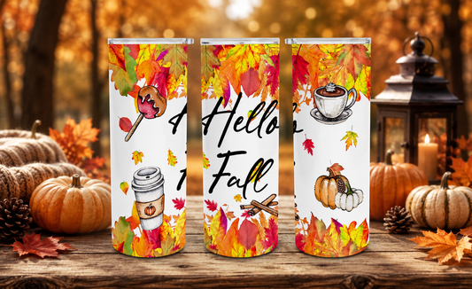 Hello Fall Tumbler Wrap PNG – 20oz Skinny Autumn Design (White Background)