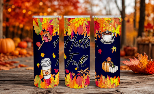 Hello Fall Tumbler Wrap PNG – 20oz Skinny Autumn Design (Navy Background)