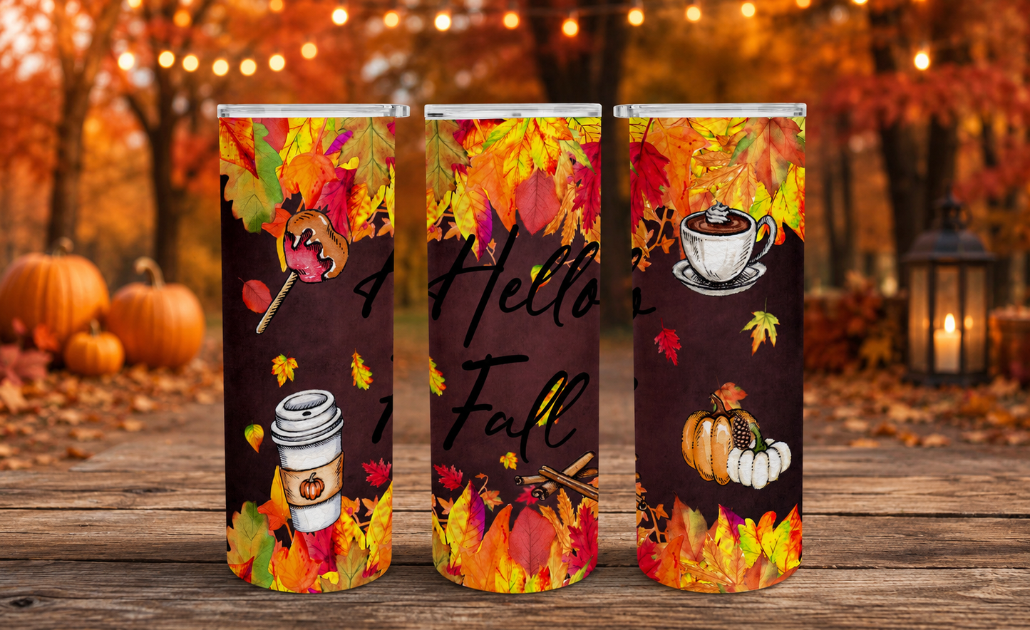 Hello Fall Tumbler Wrap PNG – 20oz Skinny Autumn Design (Plum Background)