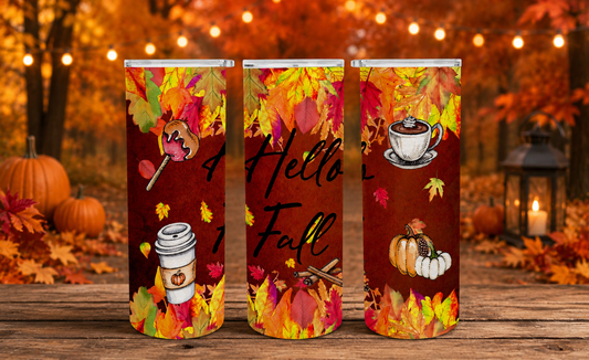 Hello Fall Tumbler Wrap PNG – 20oz Skinny Autumn Design (Rust Background)