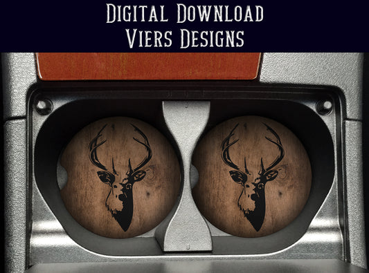 Deer Head Car Coaster PNG – Rustic Buck Car Coaster Design (Dark Wood)