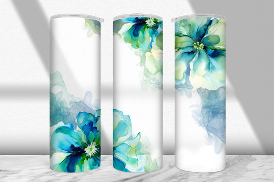 Green & Teal Ink Floral Tumbler Wrap PNG
