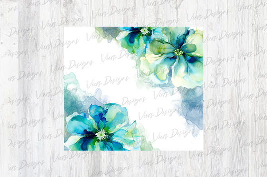 Green & Teal Ink Floral Tumbler Wrap PNG
