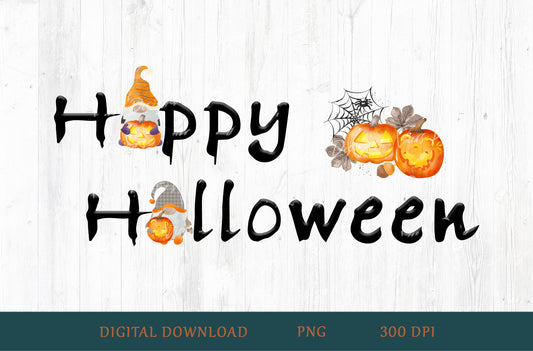 Happy Halloween Gnomes Sublimation PNG — Horizontal Black