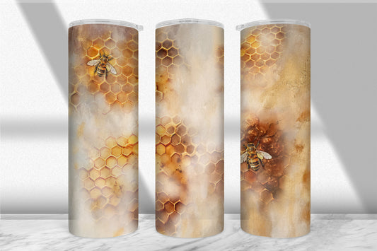 Honeycomb & Bees Tumbler Wrap PNG | Rustic Watercolor Bee Design for 20oz Sublimation