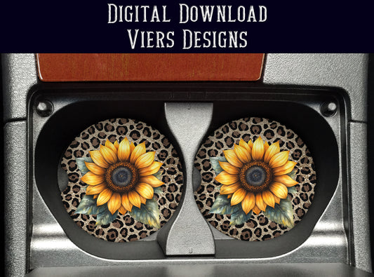 Sunflower Leopard Car Coaster PNG – Floral Car Coaster Design