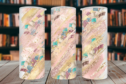 Pink Gold Books Tumbler Wrap PNG – 20oz Skinny Bookish Design