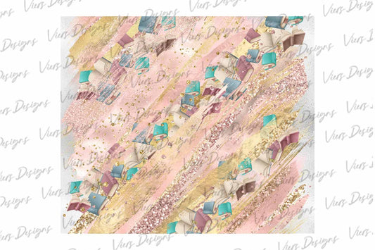 Pink Gold Books Tumbler Wrap PNG – 20oz Skinny Bookish Design