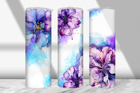 Blue & Purple Ink Floral Tumbler Wrap PNG