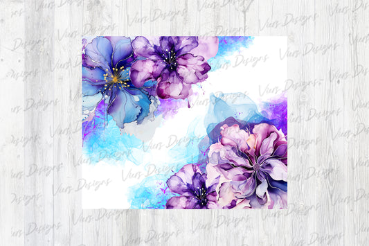 Blue & Purple Ink Floral Tumbler Wrap PNG