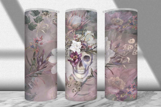 Skull and Flowers Tumbler Wrap PNG – Gothic Boho Floral Design (20oz & 30oz)