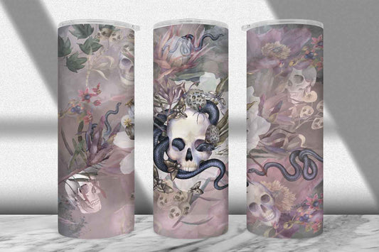 Skull and Snakes Tumbler Wrap PNG – Gothic Boho Floral Design (20oz & 30oz)
