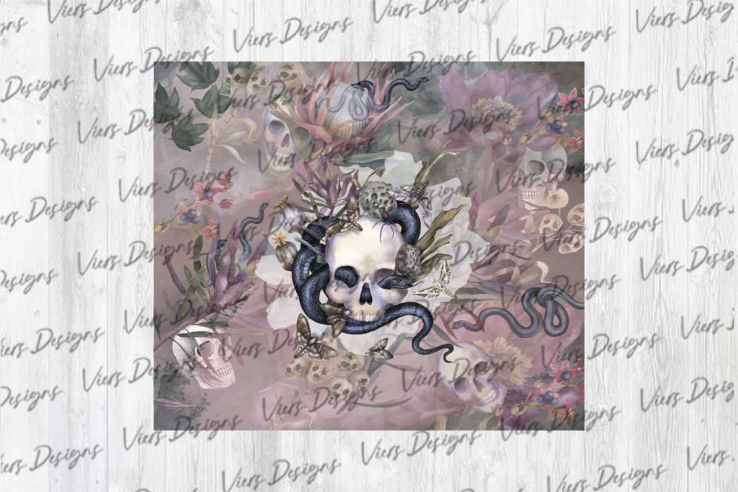 Skull and Snakes Tumbler Wrap PNG – Gothic Boho Floral Design (20oz & 30oz)
