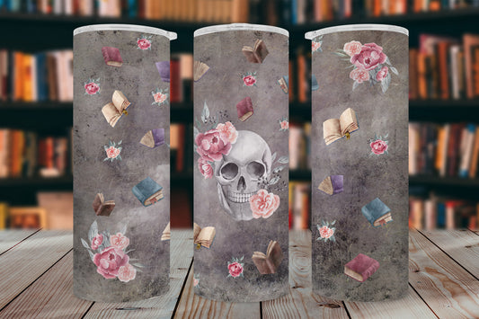 Skull and Books Tumbler Wrap PNG – 20oz Skinny Dark Academia Design