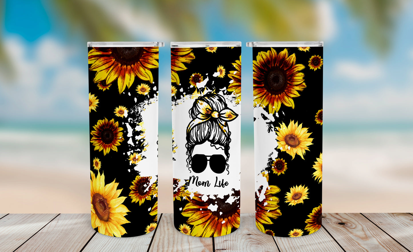 Sunflower Mom Life Tumbler Wrap PNG – 20oz Skinny Design (Black)