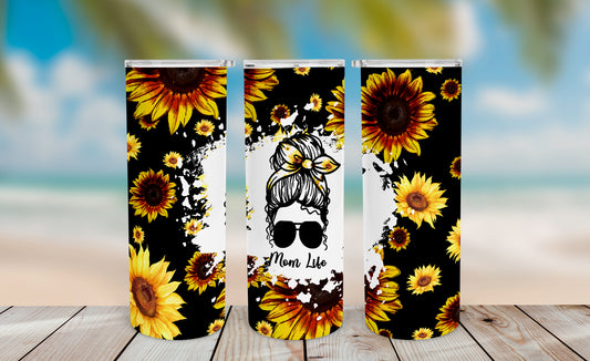 Sunflower Mom Life Tumbler Wrap PNG – 20oz Skinny Design (Black)
