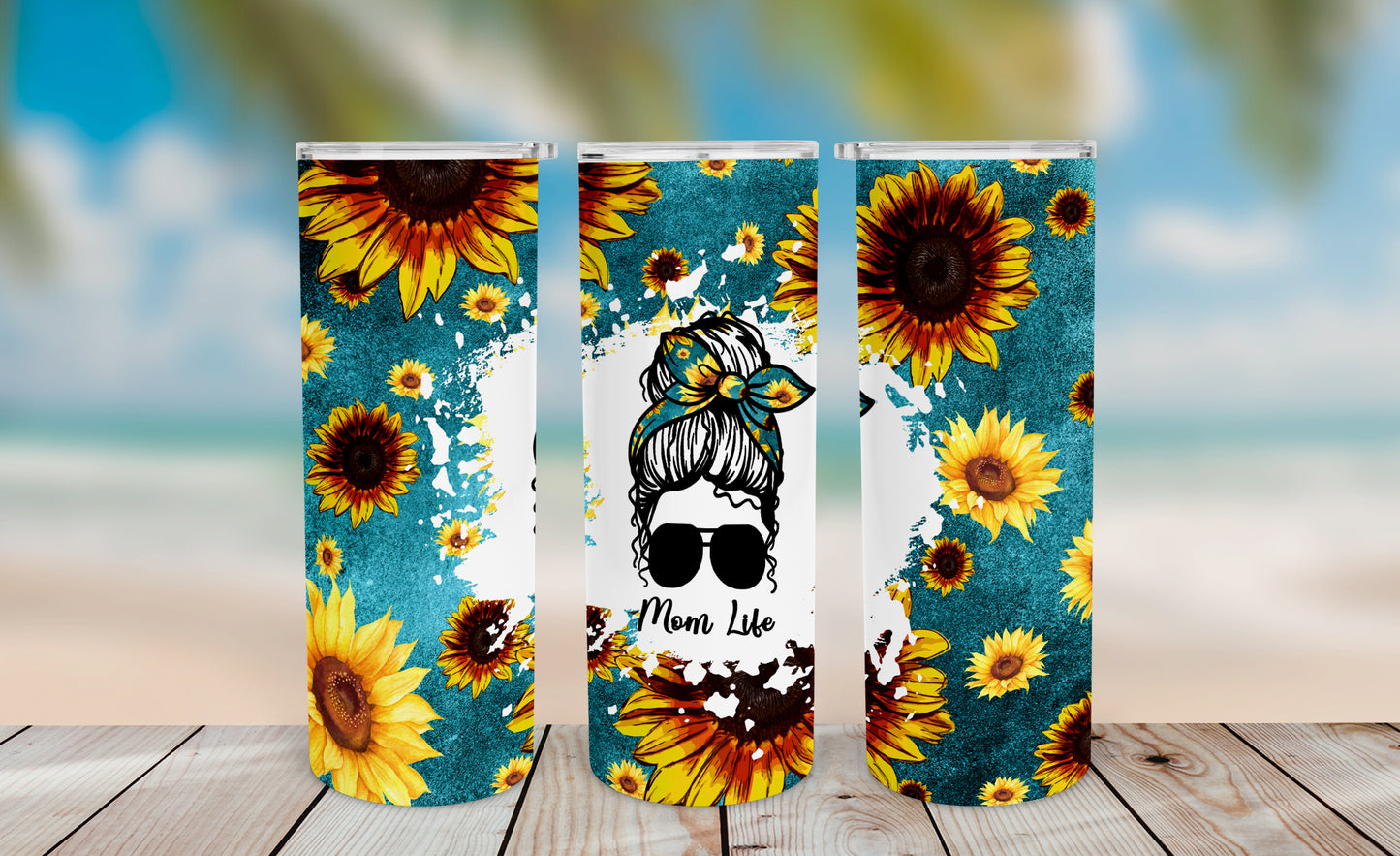Sunflower Mom Life Tumbler Wrap PNG – 20oz Skinny Design (Teal)