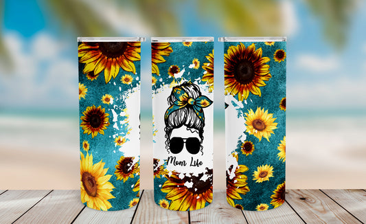 Sunflower Mom Life Tumbler Wrap PNG – 20oz Skinny Design (Teal)