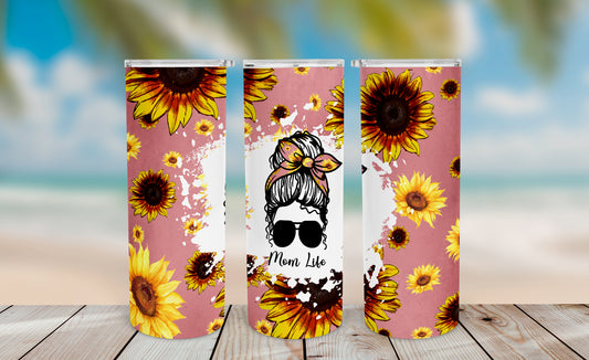 Sunflower Mom Life Tumbler Wrap PNG – 20oz Skinny Design (Pink)